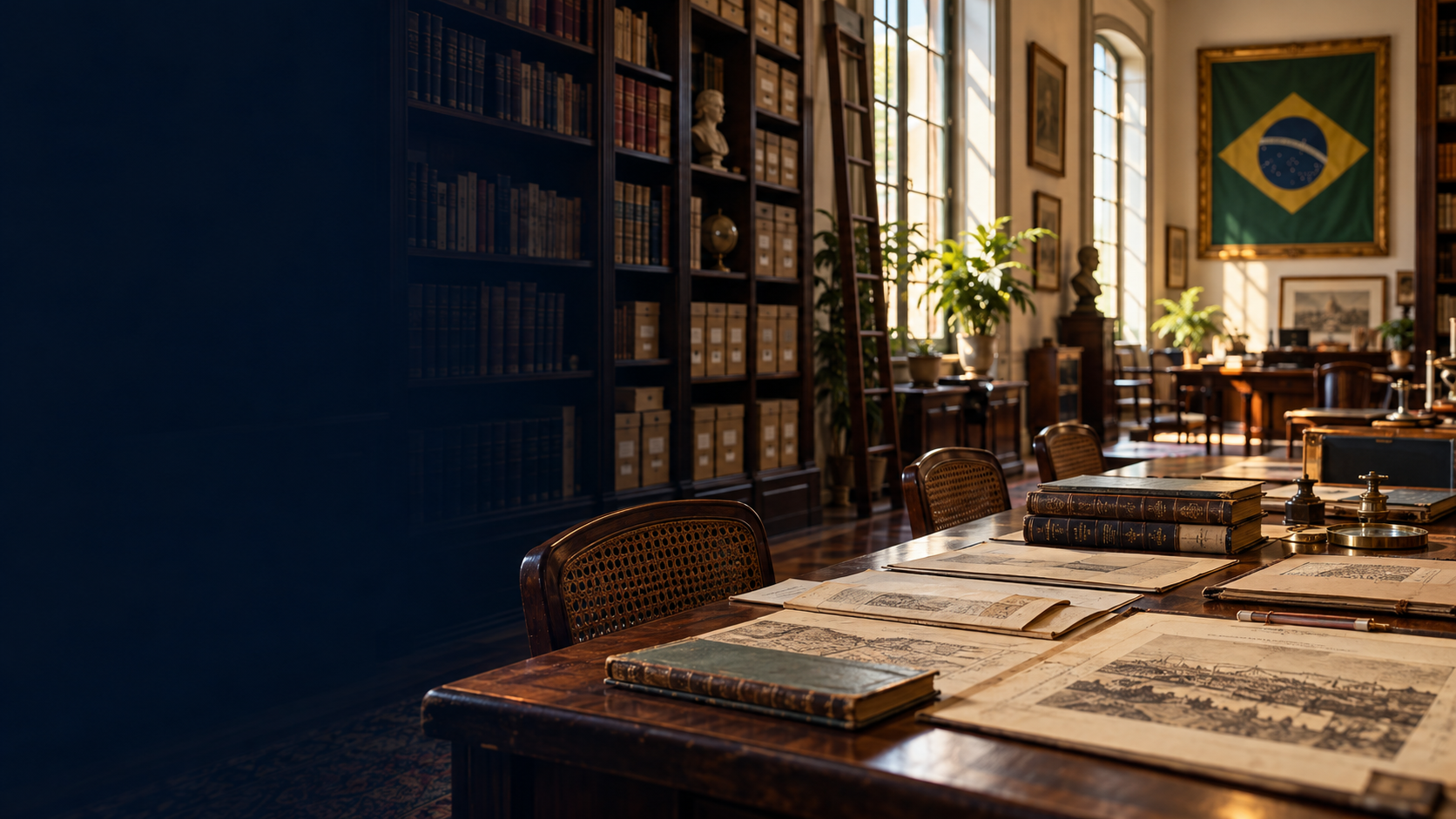 Sala de leitura com livros e documentos históricos preservados em um instituto brasileiro